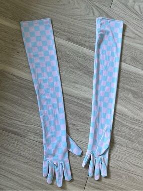 Urban Outfitters Pastel Pink and Light Blue Checkered Long Gloves